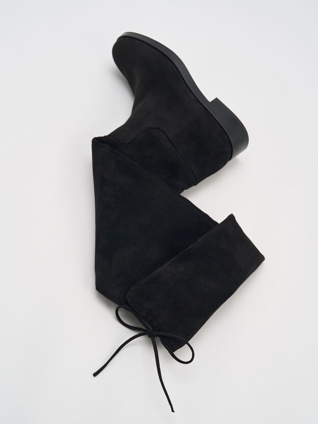 Louisa Faux Suede Fold-Over Thigh-High Boots, Black Textured, hi-res