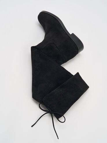 Faux Suede Fold-Over Back-Tie Thigh-High Boots, Black Textured, hi-res
