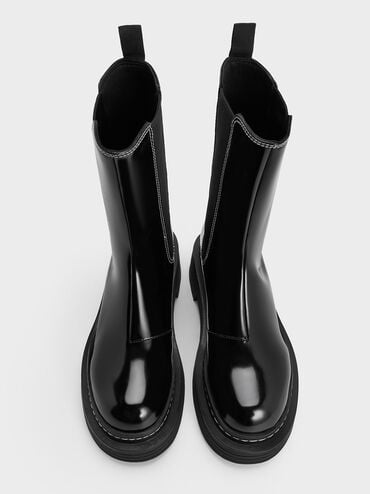 Stitch-Trim Platform Mid-Calf Chelsea Boots, Black Box, hi-res