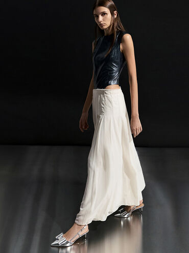 Lu Metallic Leather Bow Slingback Pumps, Silver, hi-res