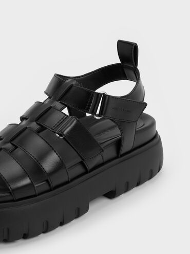 Platform Caged Sandals, Black, hi-res