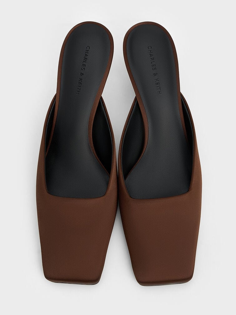 Satin Square-Toe Blade-Heel Mules, Dark Brown, hi-res