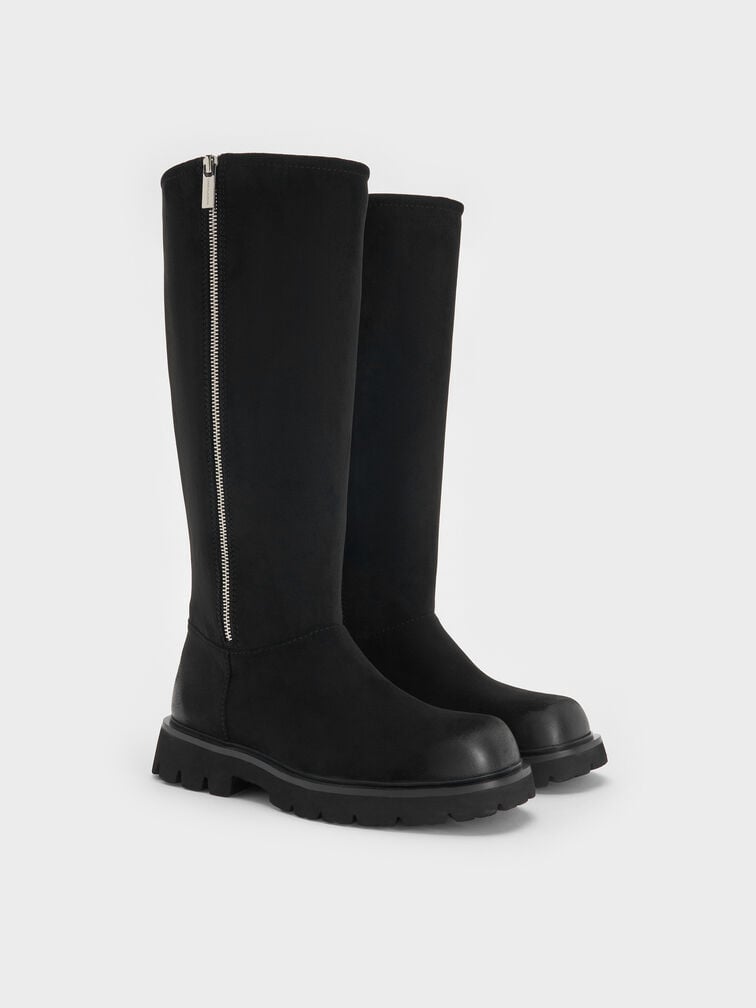 Rosamond Faux Suede Side-Zip Ridged-Sole Knee-High Boots, Black Textured, hi-res