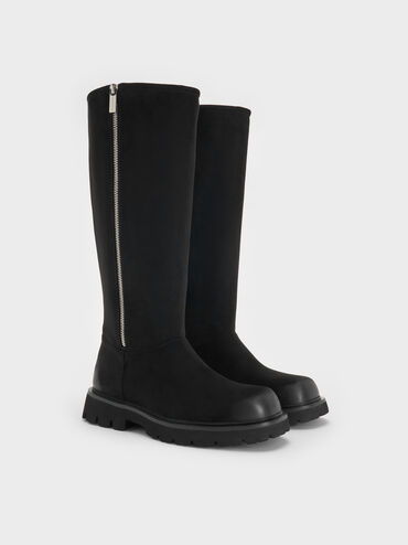 Rosamond Faux Suede Side-Zip Ridged-Sole Knee-High Boots, Black Textured, hi-res