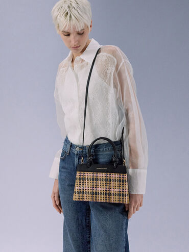 Sabine Tartan Knotted-Handle Tote Bag, Tartan Straw, hi-res