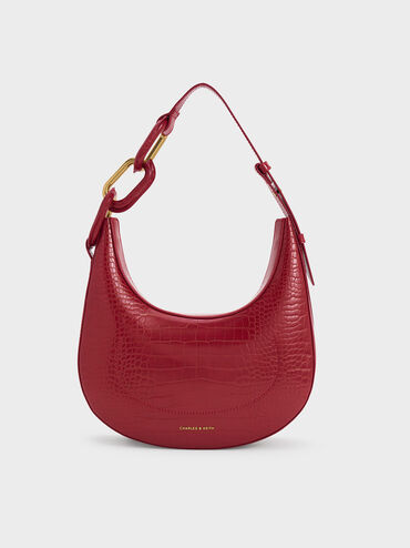 Kora Croc-Effect Metallic-Accent Moon Bag, Crimson, hi-res
