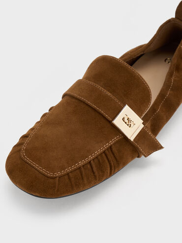 Cody Suede Metallic-Buckle Ruched Loafers, Brown, hi-res
