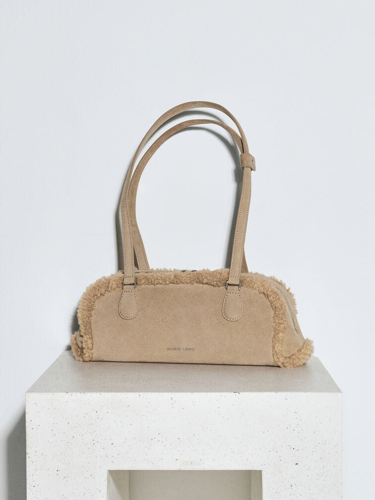 Nelly Recycled Suede & Faux Shearling Elongated Shoulder Bag, Nutmeg Beige, hi-res