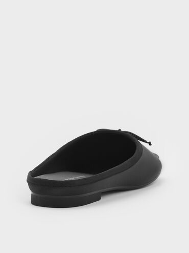 Satin Bow Flat Mules, Black Textured, hi-res