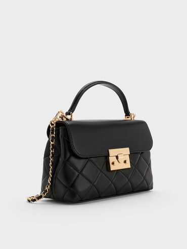 Alva Quilted Top Handle Bag, Black, hi-res
