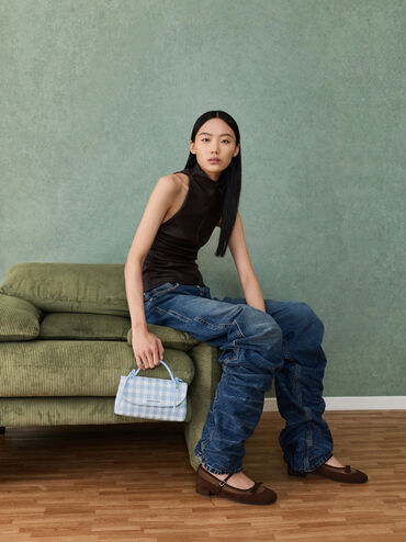 Hazel Gingham Bow Wallet On Chain, Gingham Blue, hi-res