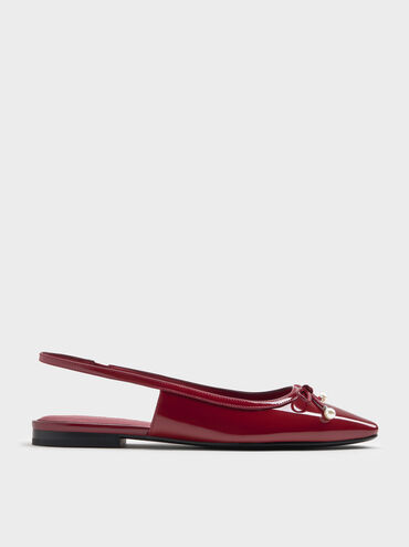 Barbara Patent Pearl-Embellished Bow Slingback Flats, Red, hi-res