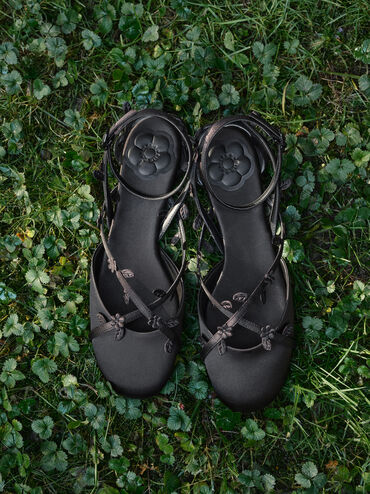 Floral-Vine Ankle-Strap Flats, Black Textured, hi-res
