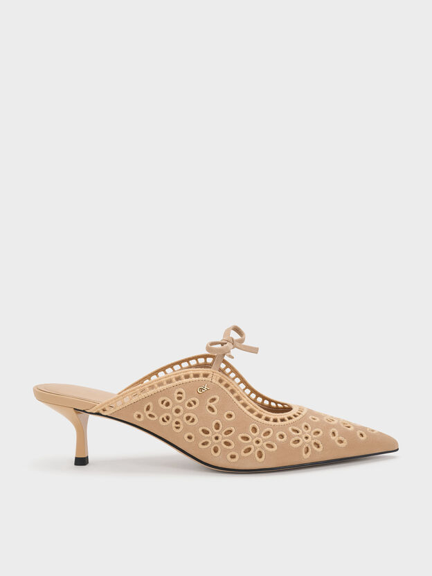 Leather Embroidered Heeled Mules, Beige, hi-res