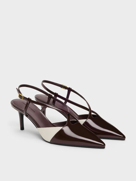 Two-Tone Pointed Slingback Pumps, Burgundy, hi-res