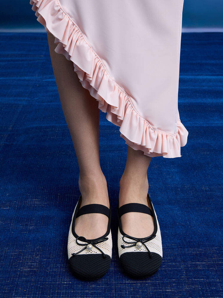 Knitted Pearl-Accent Bow Ballet Flats, Chalk, hi-res