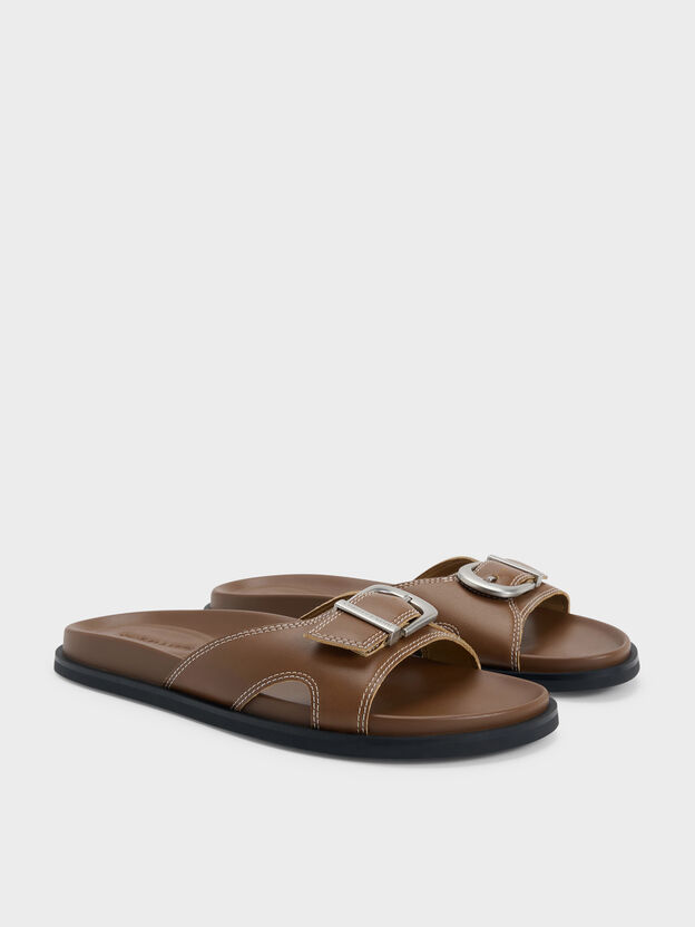 Stitch-Trim Buckled Slides, Cognac, hi-res