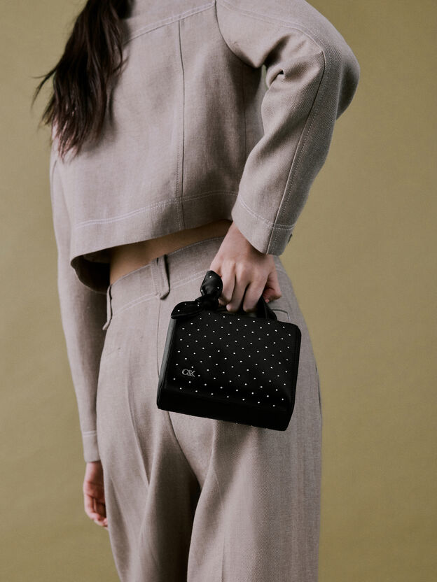 Satin Studded Knot-Bow Mini Bag, Noir Studded Satin, hi-res