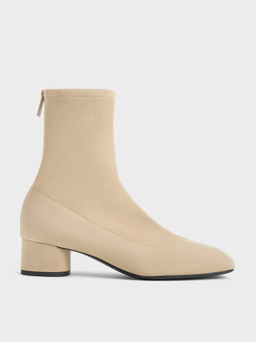 Faux Suede Stitch-Trim Heeled Ankle Boots, Sand, hi-res