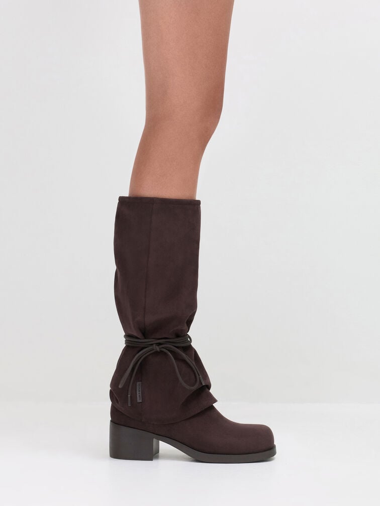 Faux Suede Tie-Around Knee-High Boots, Dark Brown Textured, hi-res