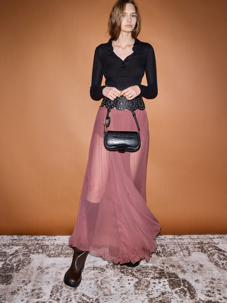 Mini Kora Croc-Effect Metallic-Accent Elongated Bag, Black, hi-res