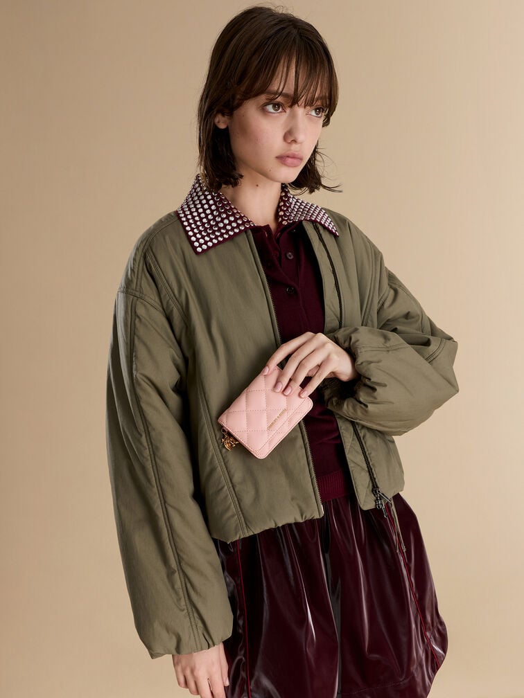 Arrietty Quilted Bow-Heart Charm Small Wallet, Light Pink, hi-res