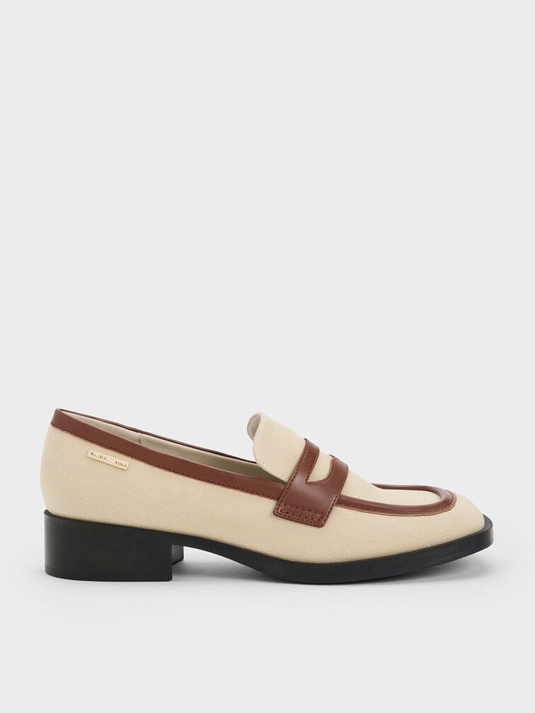 Canvas Cut-Out Penny Loafers, Beige, hi-res
