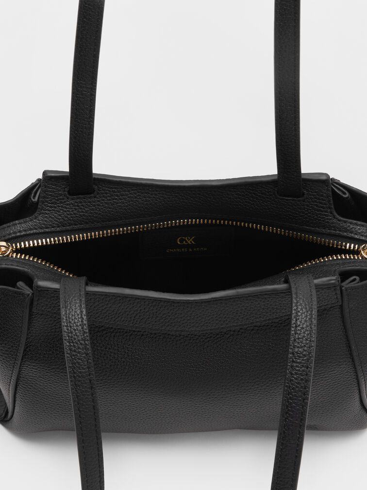 Leather Trapeze Tote Bag, Black, hi-res