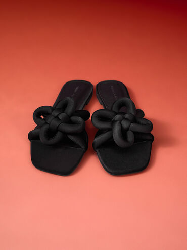 Clover-Knot Slide Sandals, Black Textured, hi-res
