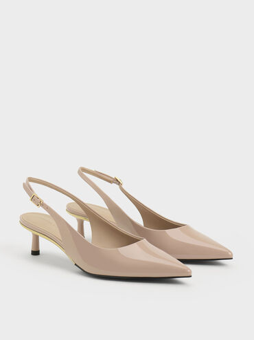 Curtis Patent Pointed-Toe Kitten-Heel Slingback Pumps, Nude, hi-res