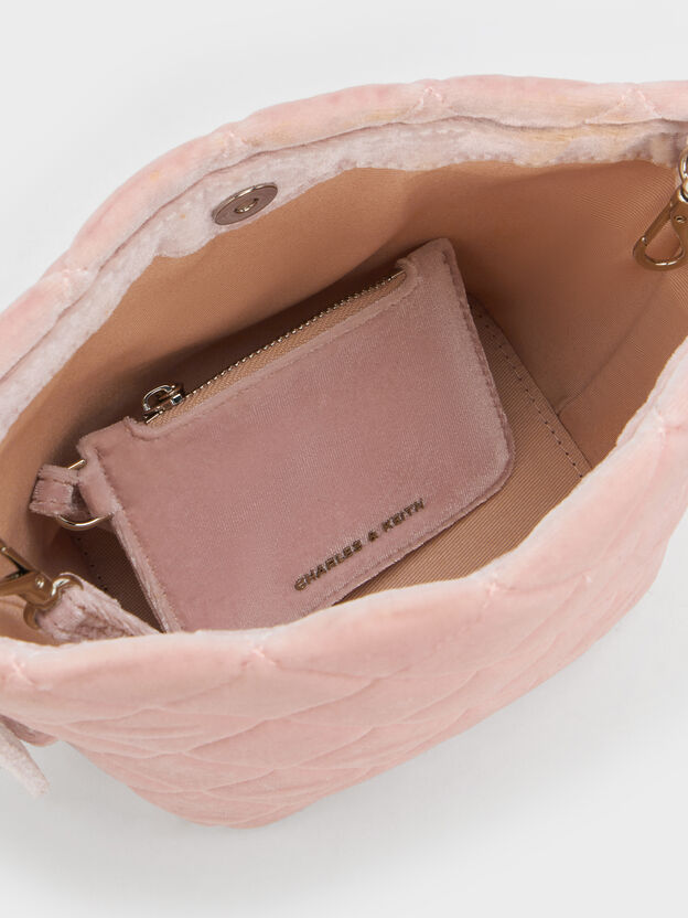 Duo Velvet Quilted Chain Bucket Bag, Pink, hi-res