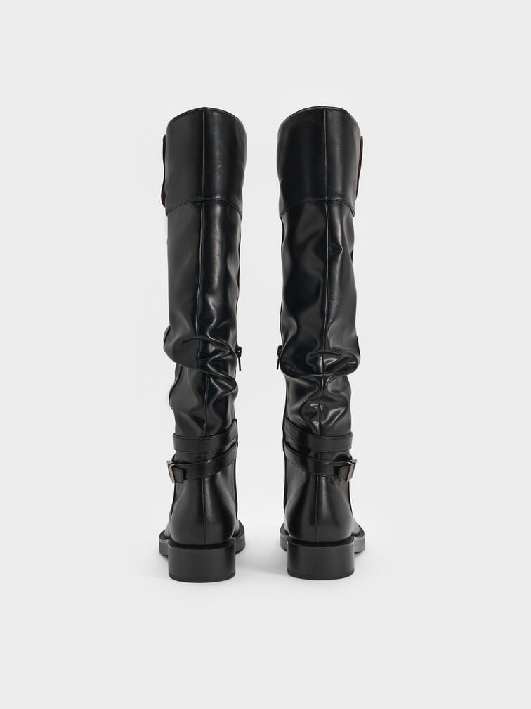 Ellis Ruched Buckled Fold-Over Thigh-High Boots, Black, hi-res