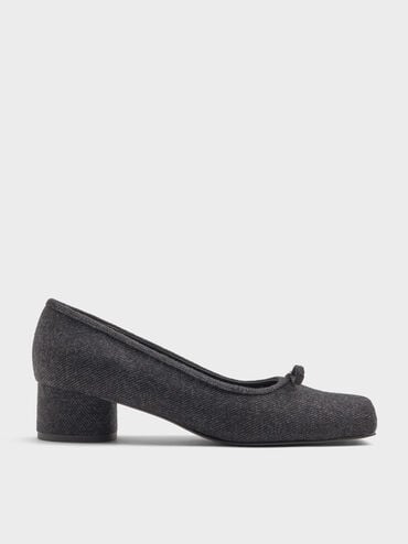Felt Bow Metallic-Accent Square-Toe Block-Heel Pumps, Dark Grey, hi-res