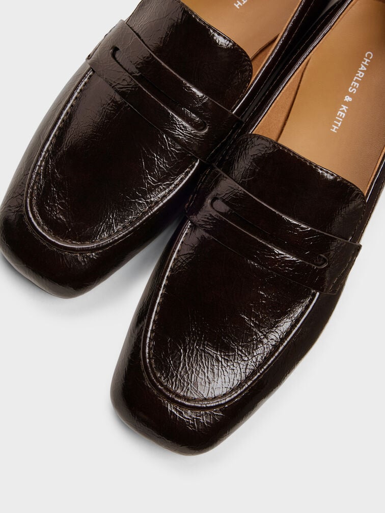 Crinkle-Effect Penny Loafers, Dark Brown, hi-res