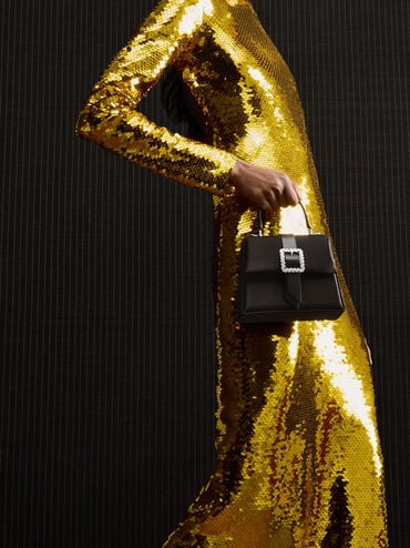 Satin Crystal-Buckle Belted Top Handle Bag, Noir, hi-res