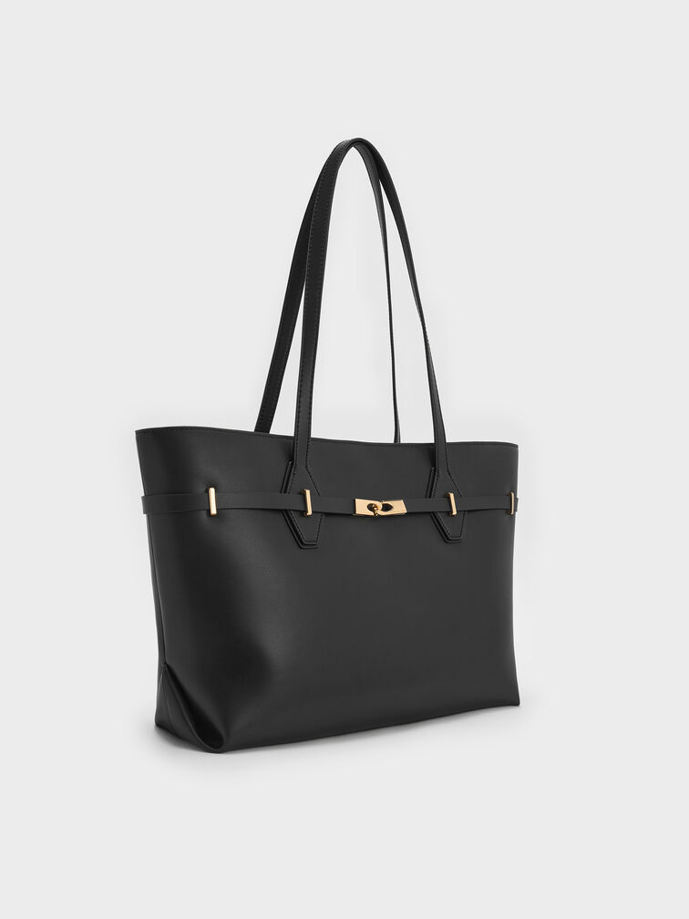 Arlet Double-Handle Belted Tote bag, Black, hi-res