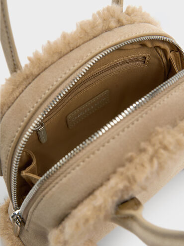 Nelly Recycled Suede & Faux Shearling Bowling Bag, Nutmeg Beige, hi-res