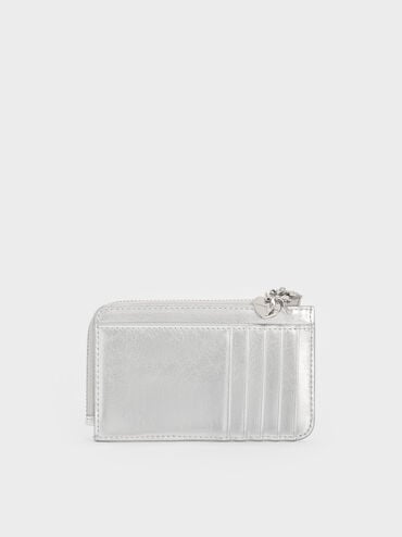 Arrietty Metallic Quilted Bow-Heart Charm Zip-Around Wallet, Silver, hi-res