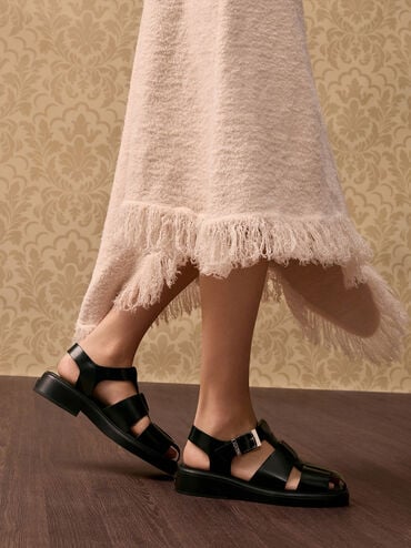 Leather Caged Sandals, Black, hi-res