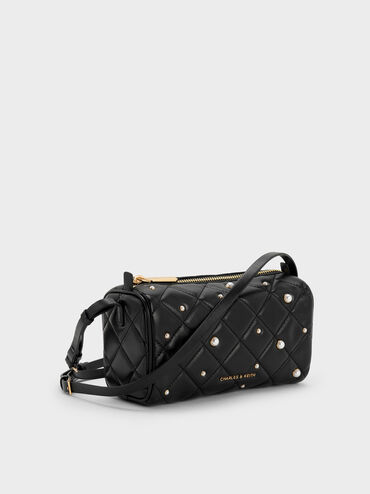 Janie Quilted Pearl Shoulder Bag, Black, hi-res