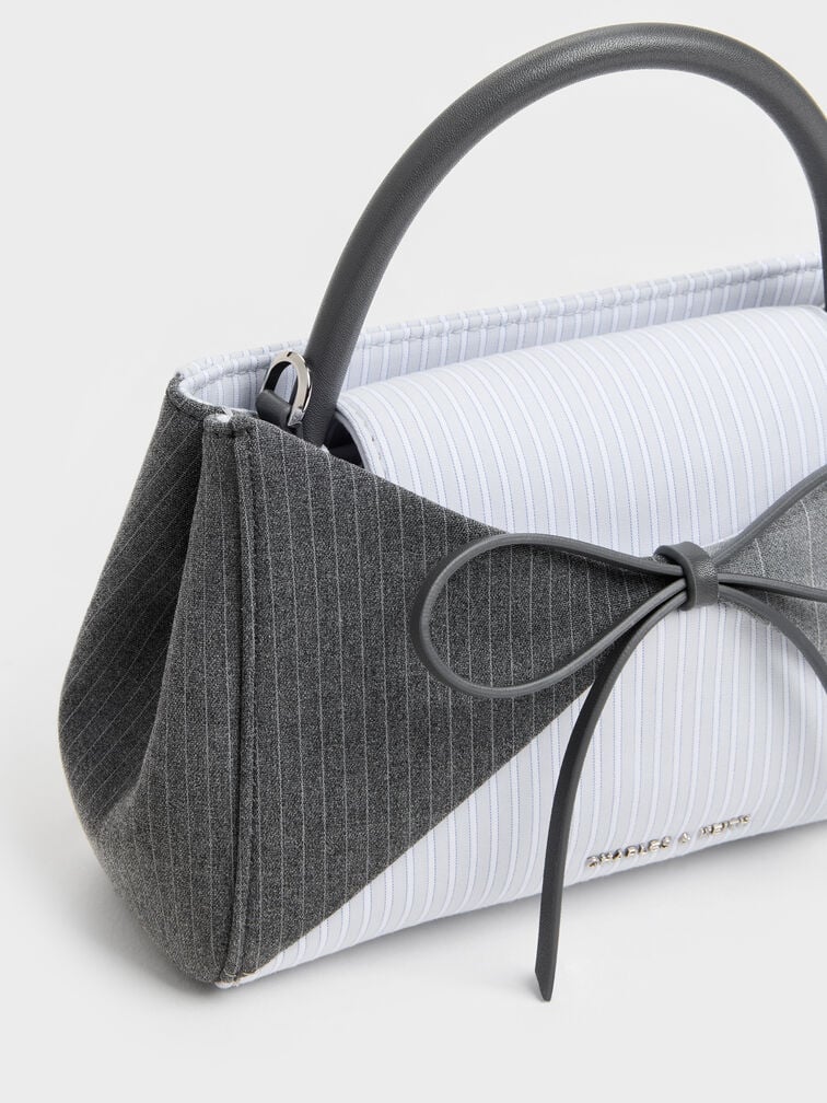 Hazel Striped Bow Panelled Top Handle Bag, Grey, hi-res