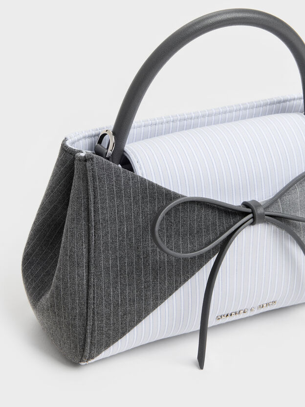 Hazel Striped Bow Panelled Top Handle Bag, Grey, hi-res