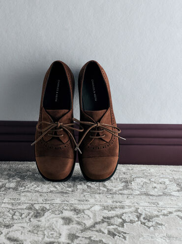 Faux Suede Brogue Derbys, Dark Brown Textured, hi-res