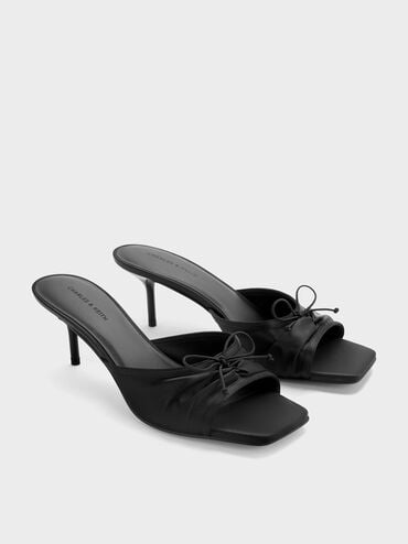 Sadira Satin Ruched Bow Heeled Mules, Black Textured, hi-res