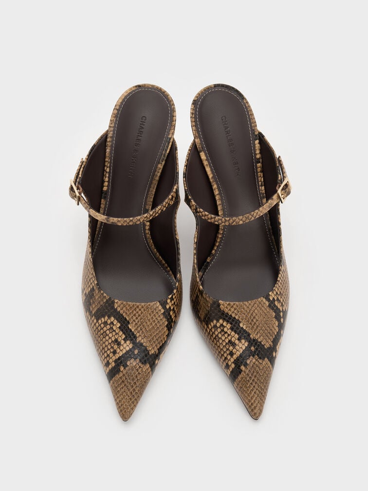 Snake-Print Buckle-Strap Stiletto-Heel Mules, Animal Print Natural, hi-res