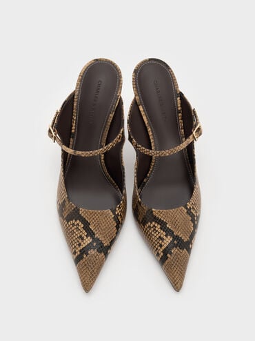 Snake-Print Buckle-Strap Stiletto-Heel Mules, Animal Print Natural, hi-res