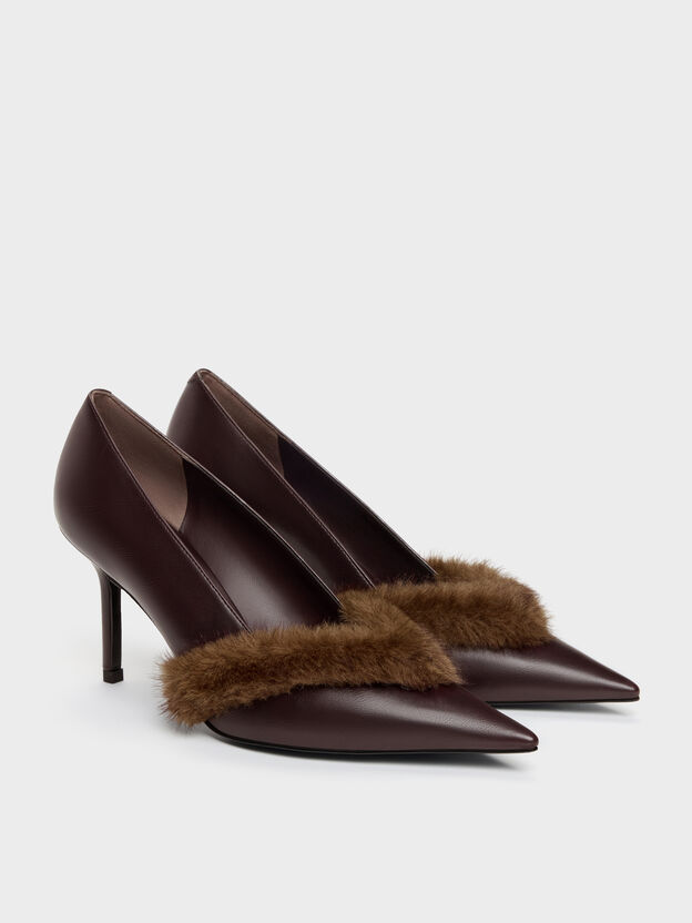 Emila Fur-Trim Pointed Pumps, Dark Brown, hi-res