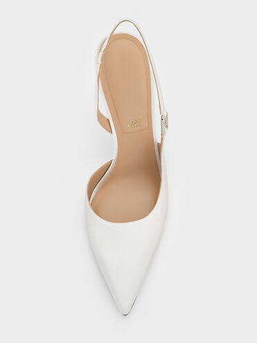 Crystal-Buckle Slingback Pumps, White, hi-res