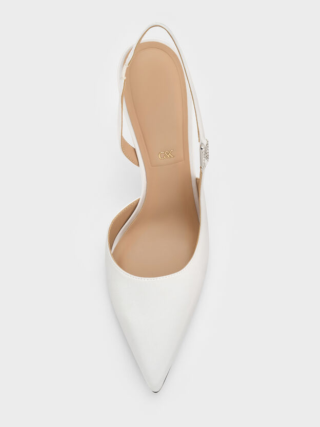 Crystal-Buckle Slingback Pumps, White, hi-res