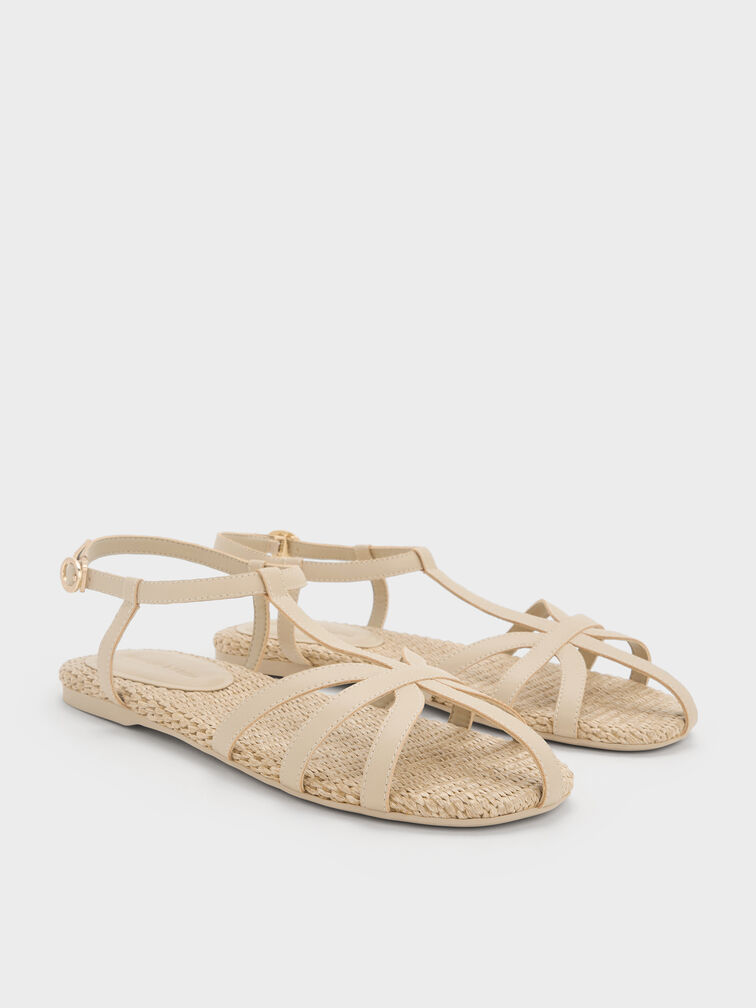 Strappy Raffia T-Bar Ankle-Strap Sandals, Taupe, hi-res